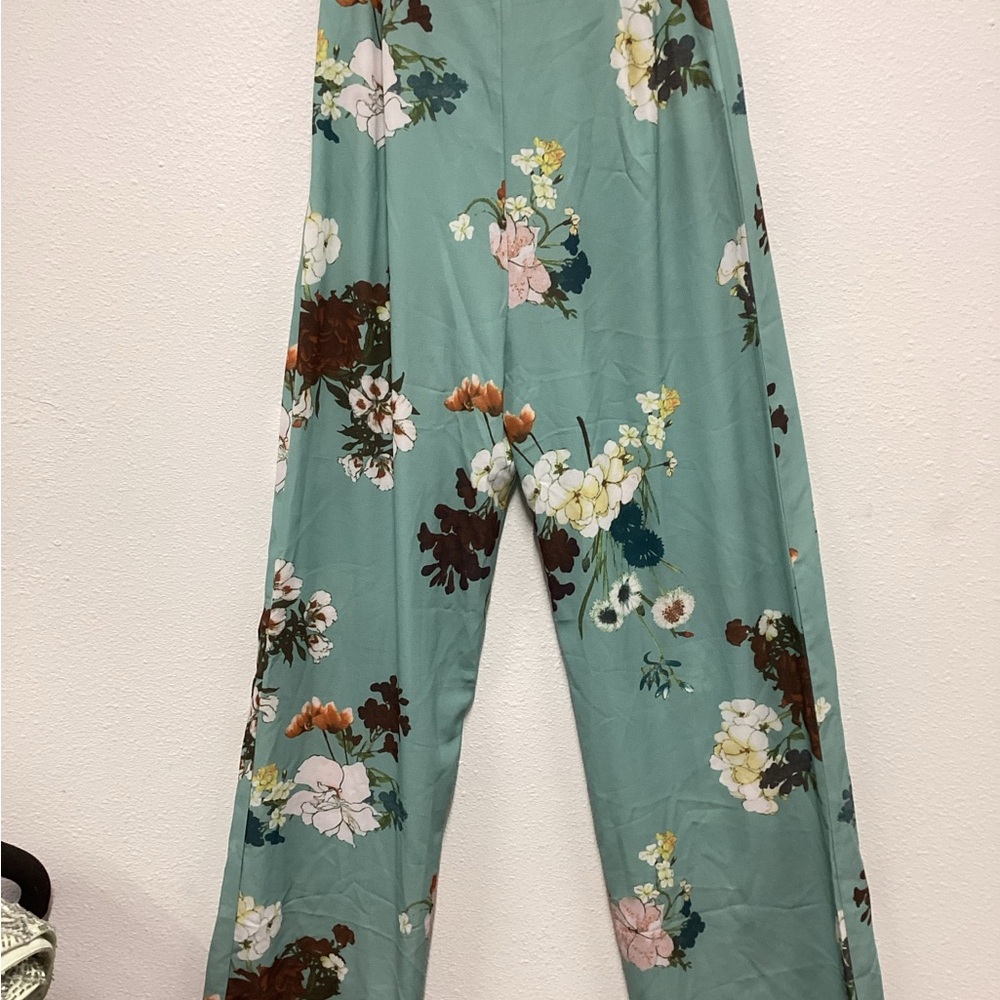 Women small steal blue Floral pants W/ side zipper on the side